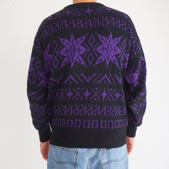 Vintage Kennin Motion Sweater Purple Black Geometric Nordic 80s Ski Retro Knit M - Picture 2 of 10